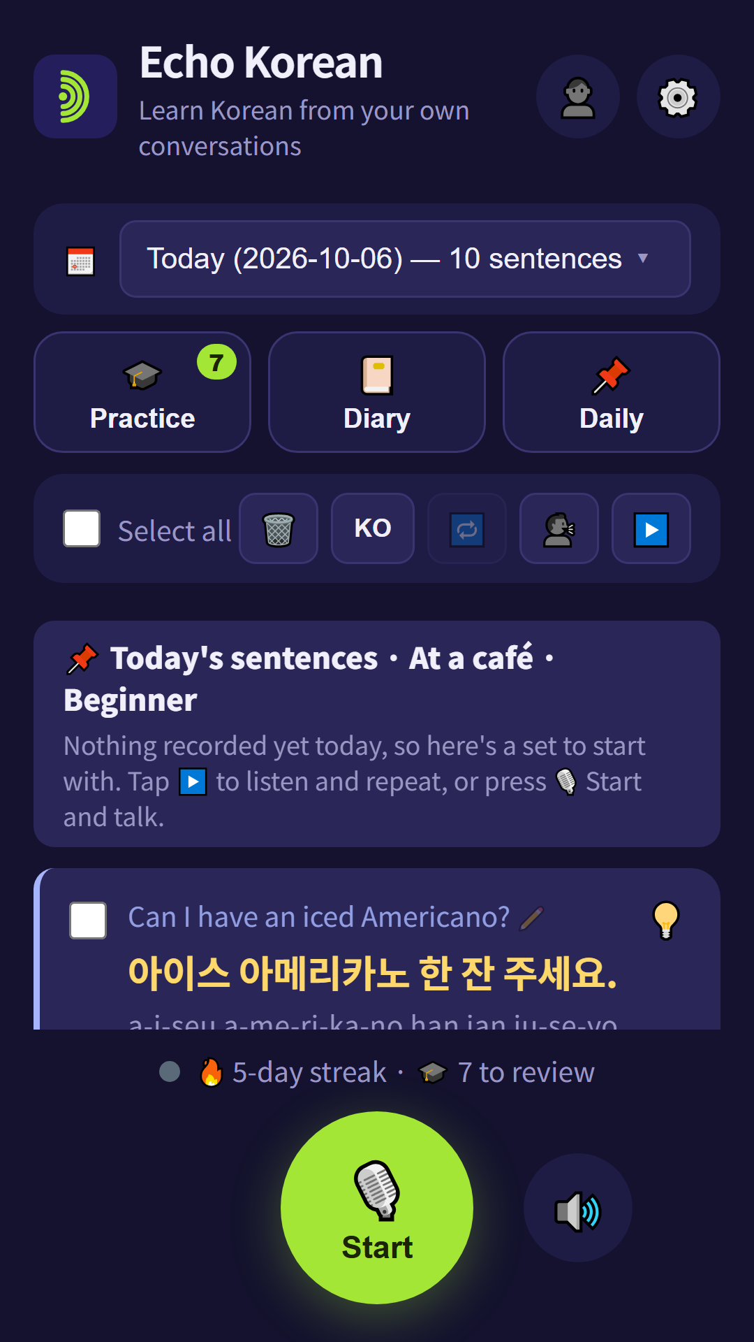 Today's sentences — 10 everyday Korean sentences for a café